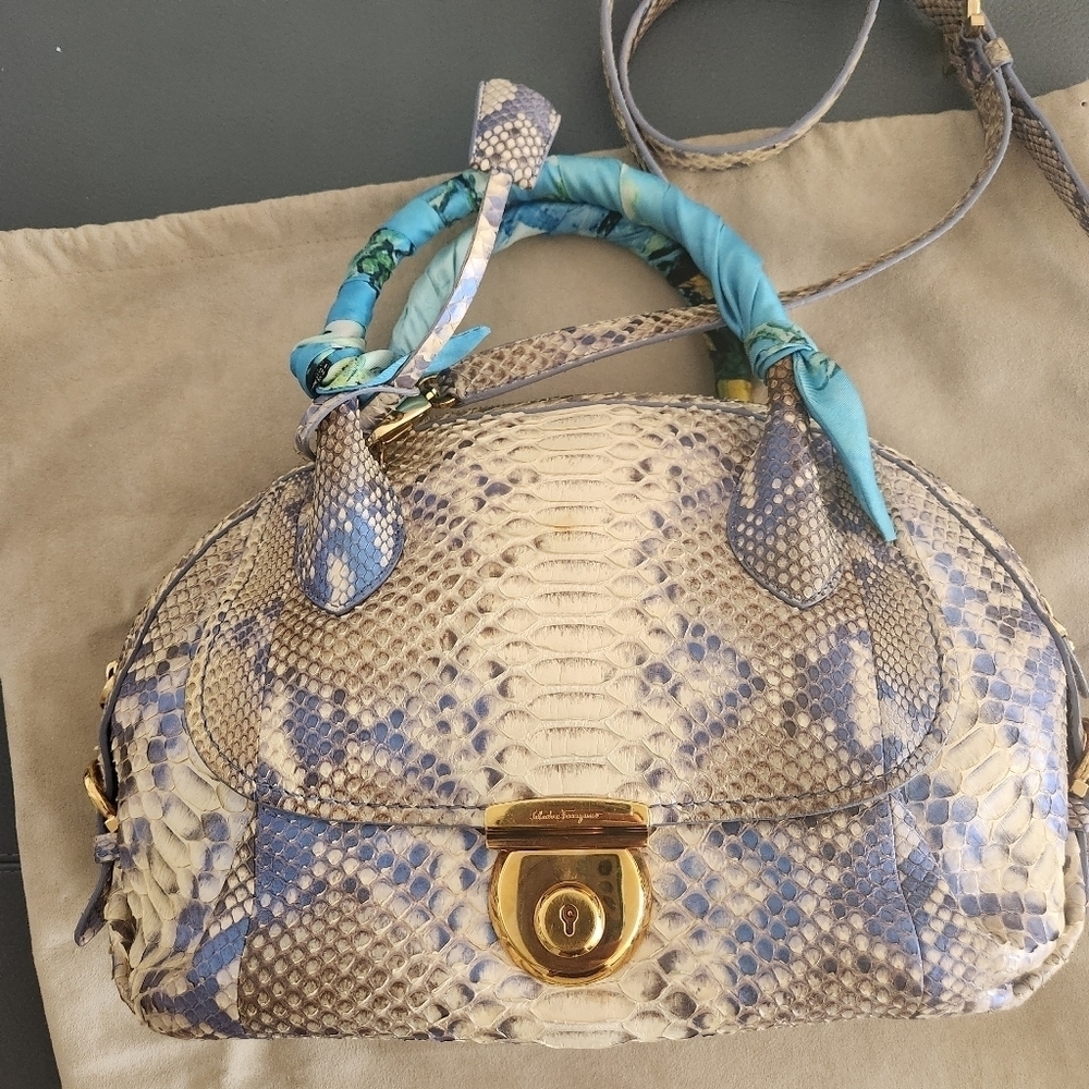 Salvatore Ferragamo Fiamma top handle bag, white and blue python